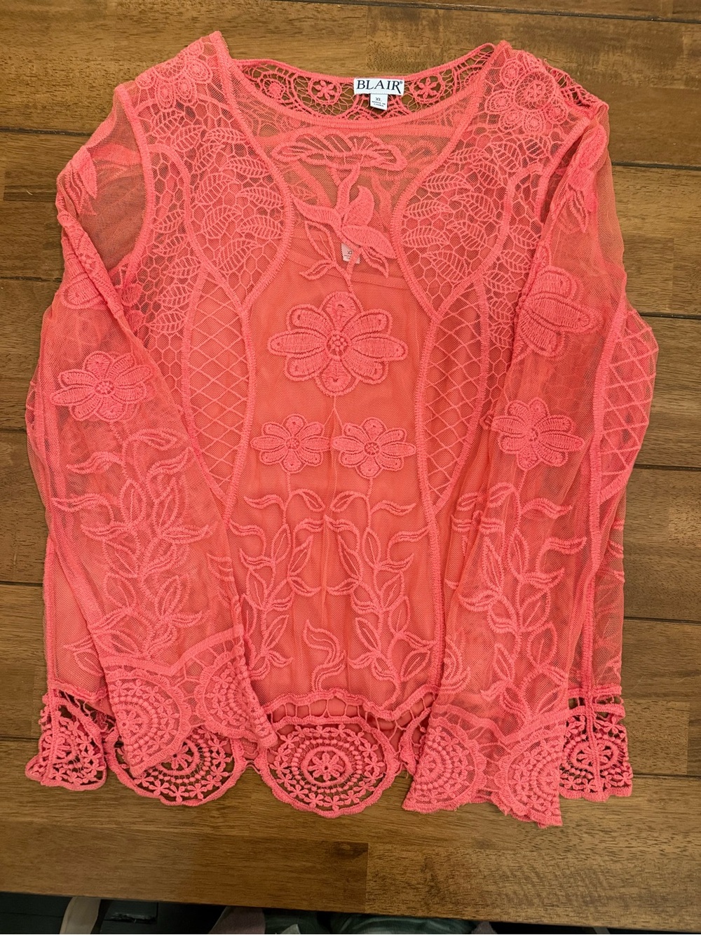 Vintage Blair Coral Crochet Sheer Lace Floral Long-Sleeve Top Size XL